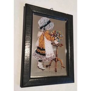 Vintage Holly Hobbie Framed Art Mirror Painted RARE 1970's MADE IN ENGLAND Stamp